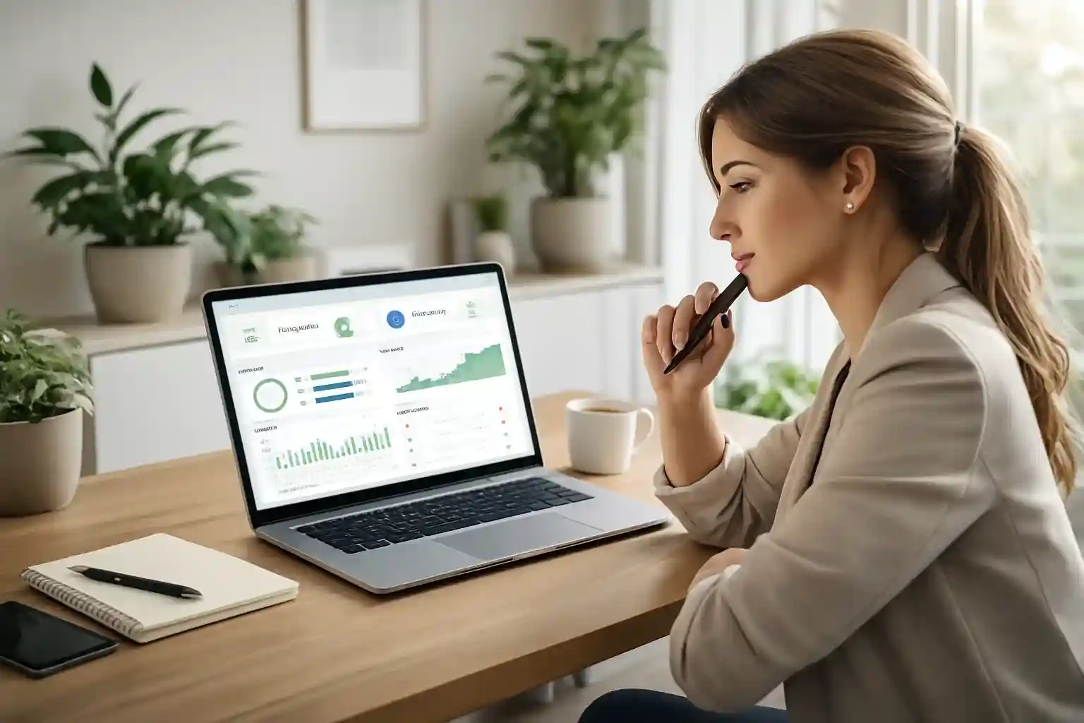 Mulher analisando estatísticas esportivas no laptop para apostas inteligentes