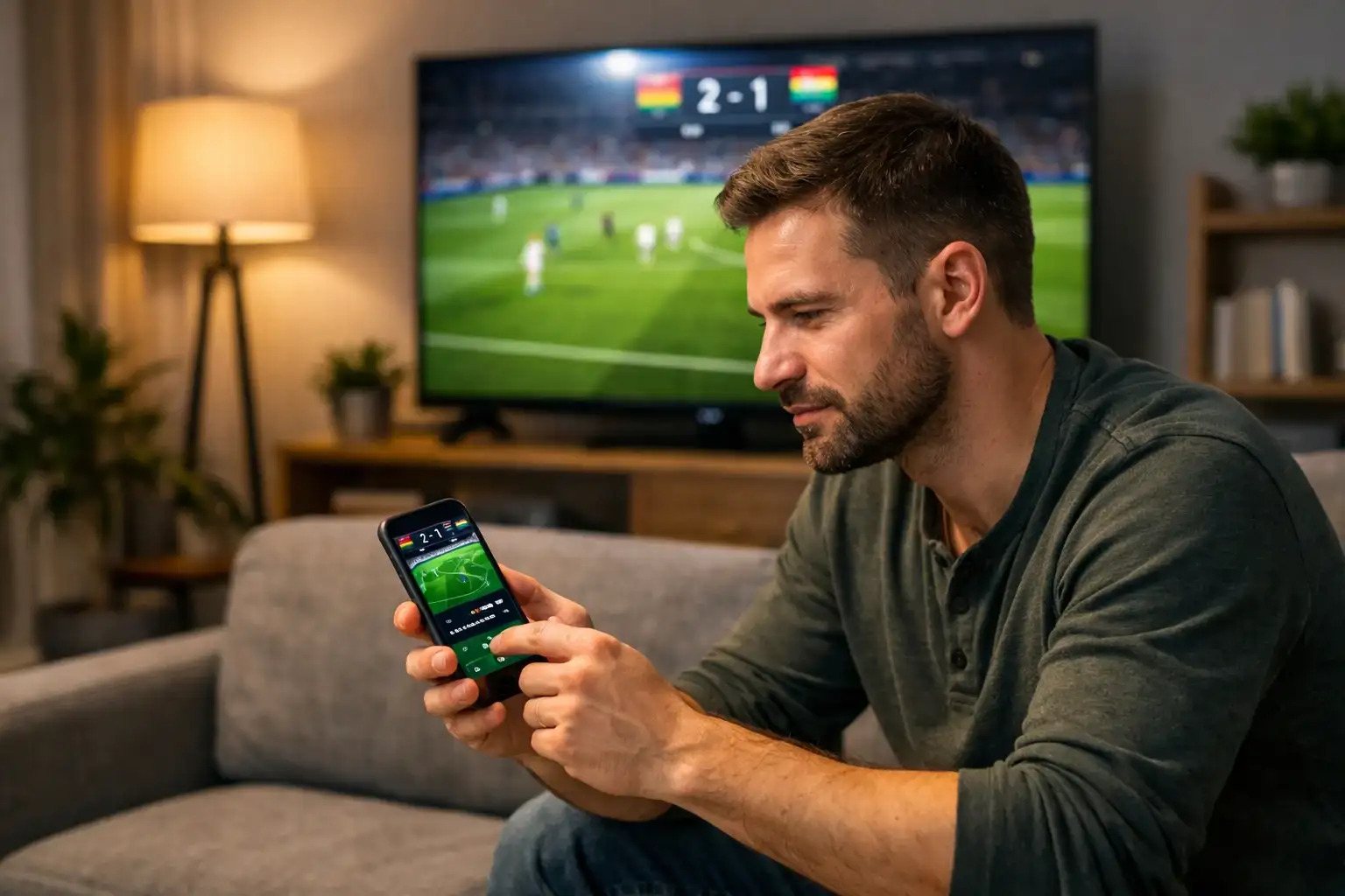 Homem assistindo partida de futebol ao vivo na TV enquanto acompanha odds em tempo real no smartphone