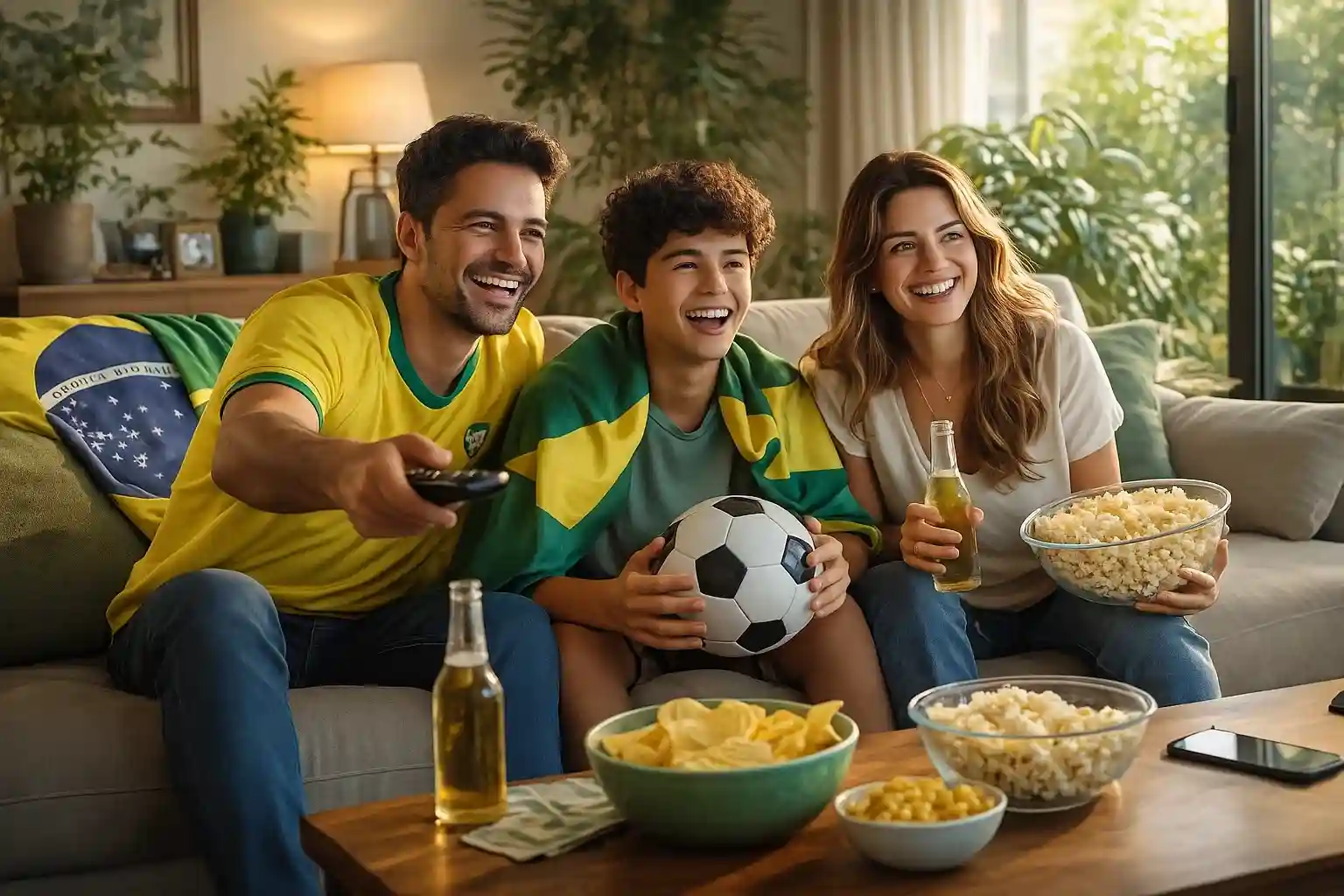Família brasileira assistindo futebol juntos, representando apostas como entretenimento responsável