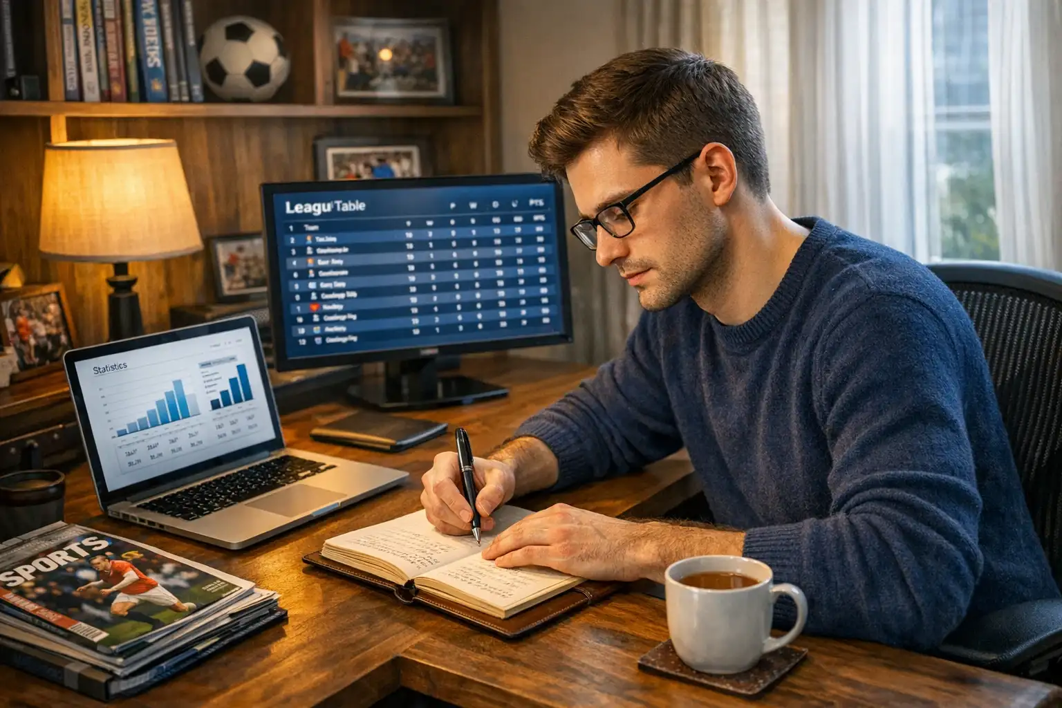 Analista esportivo dedicado fazendo anotações em caderno enquanto analisa estatísticas no computador
