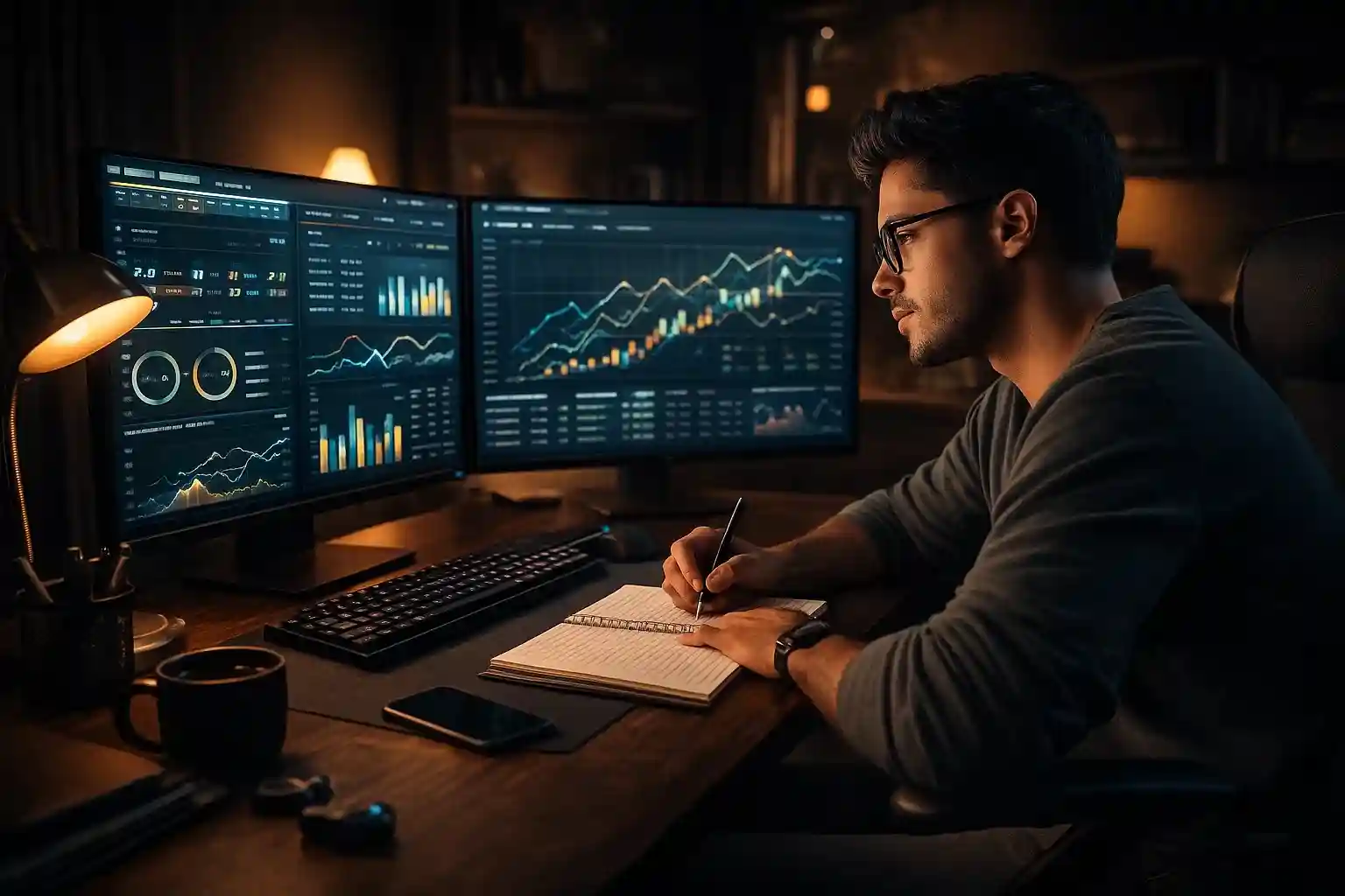 Apostador analisando estatísticas esportivas em monitores para estratégias de value betting