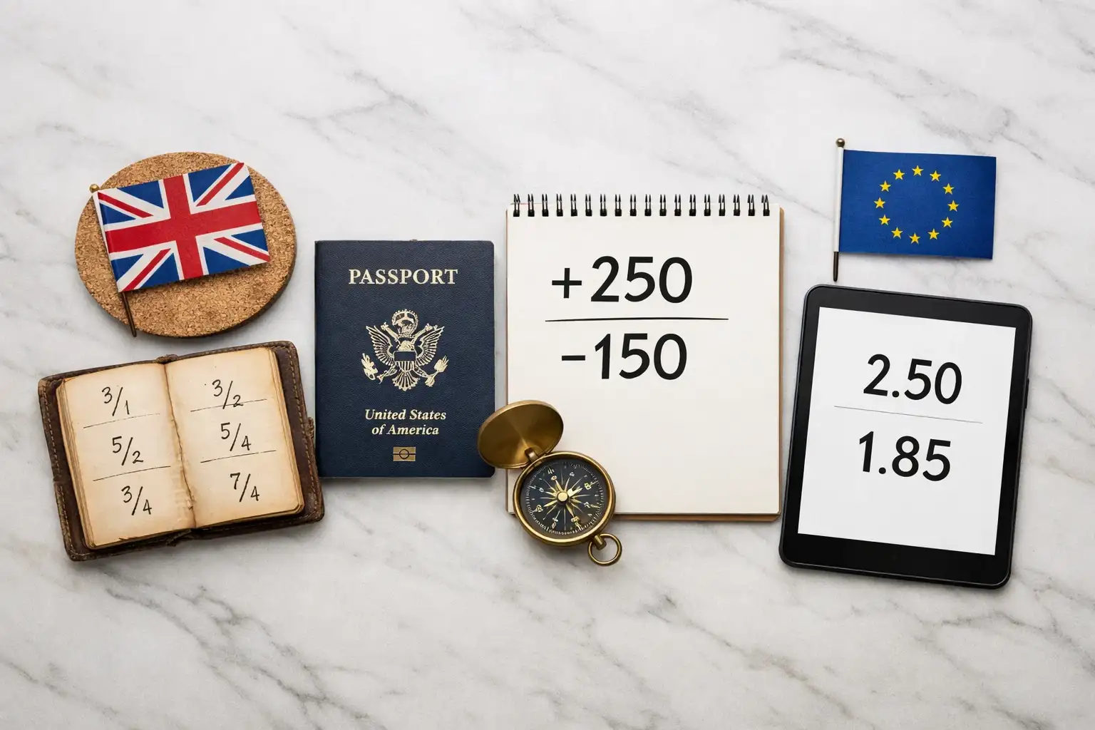 Diferentes formatos de odds: decimal europeu, fracionário britânico e americano com símbolos internacionais