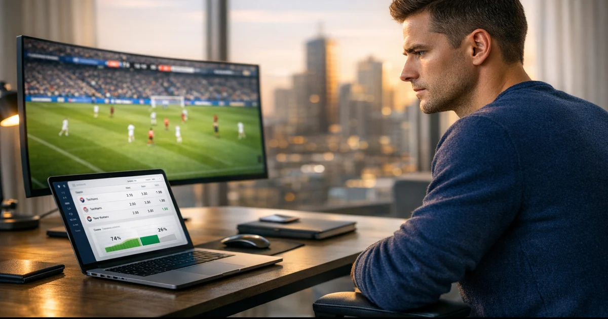 Homem analisando cotações de apostas esportivas em monitor com transmissão de futebol