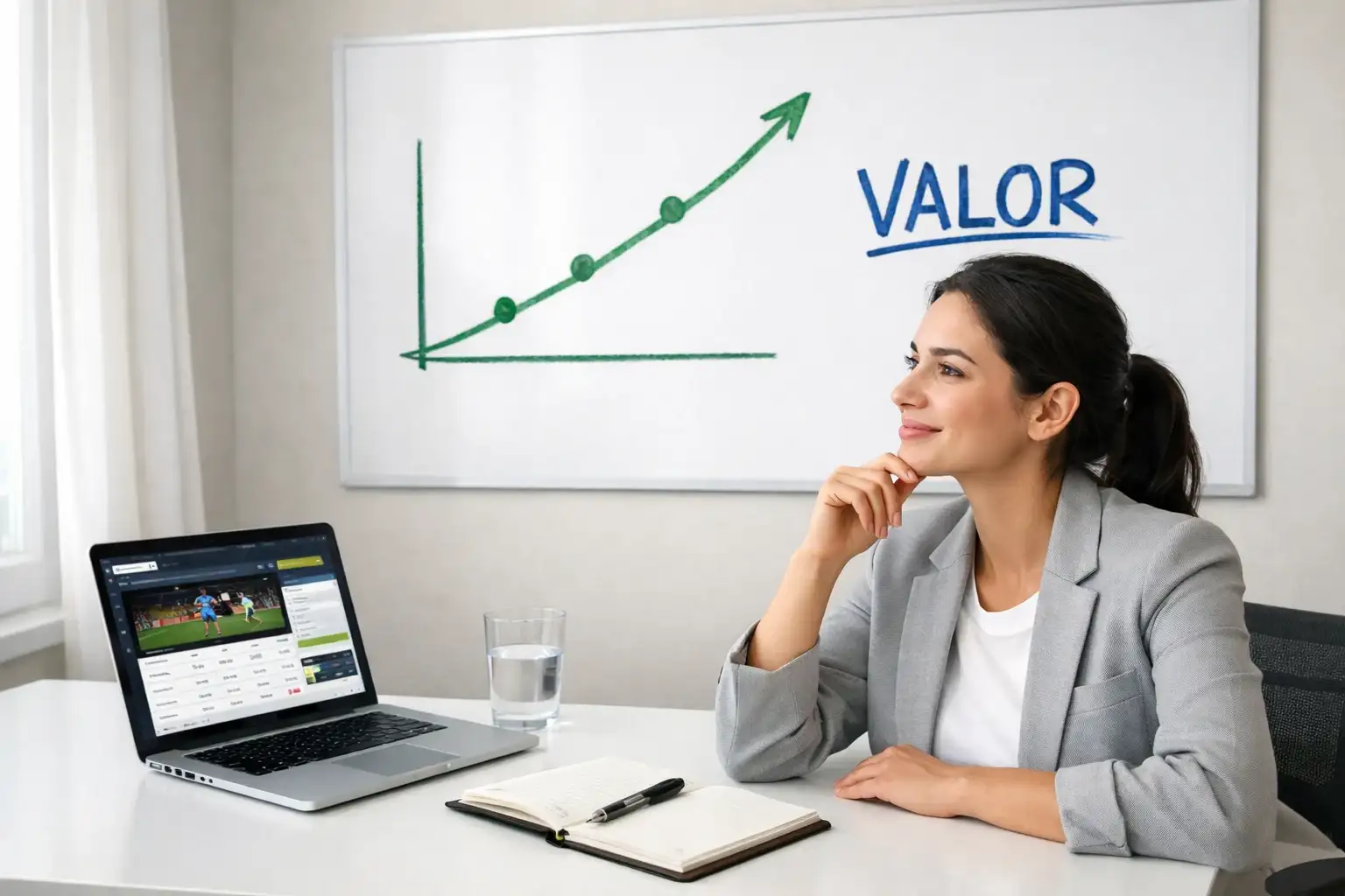 Mulher profissional analisando gráfico de valor em quadro branco com a palavra Valor destacada